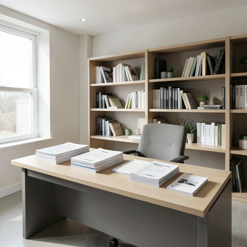 Helles Büro mit Schreibtisch, Bücherregal und Blick auf Unterlagen zur Markenkommunikation