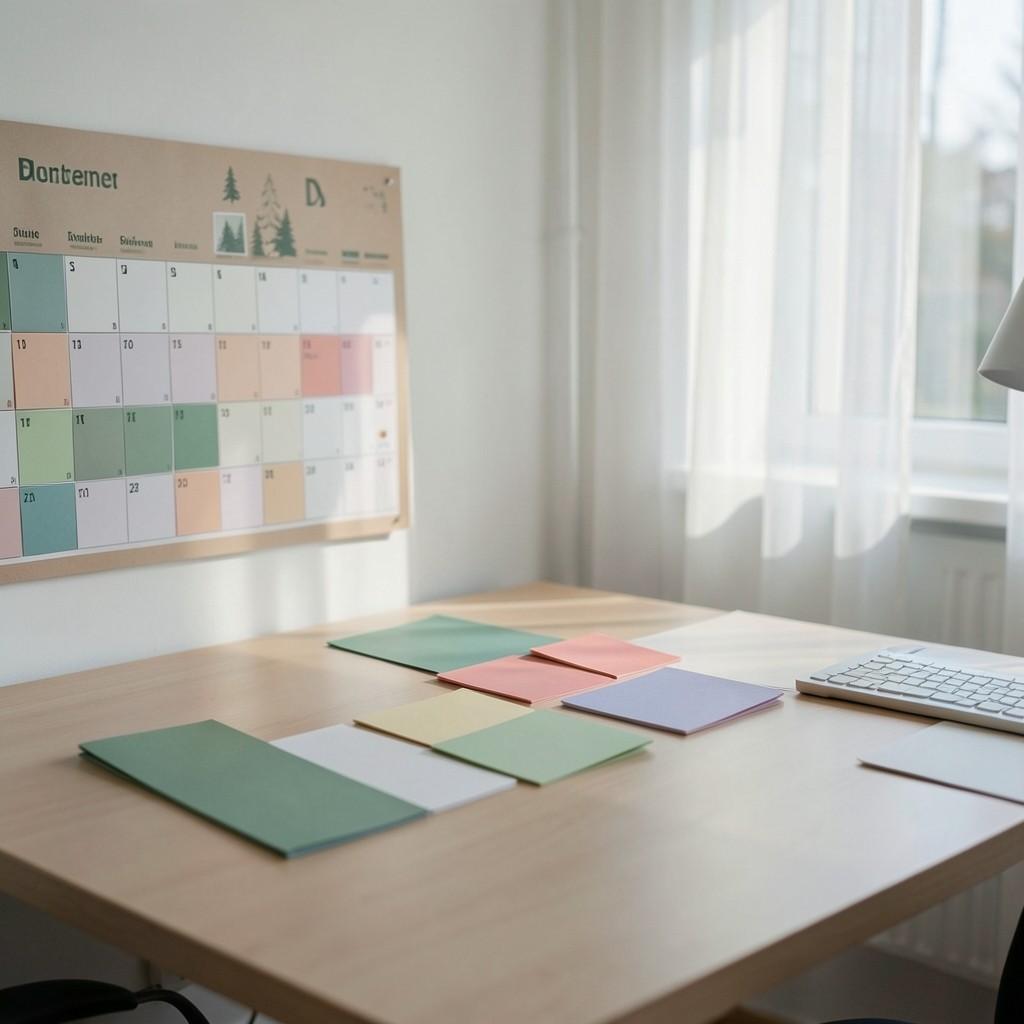 Wandkalender und farbige Themenkarten auf einem Redaktionstisch