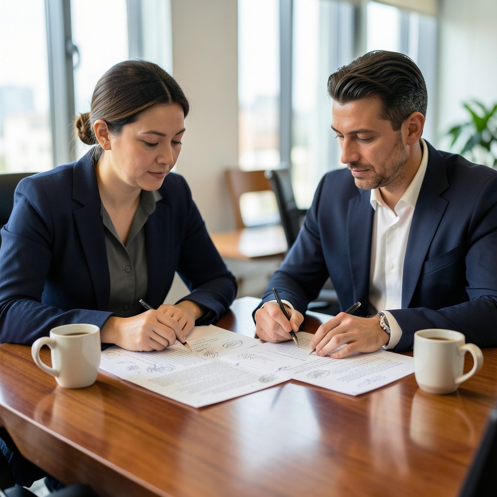 Arbeitsbesprechung mit ausgedruckten Textentwürfen und Markierungen