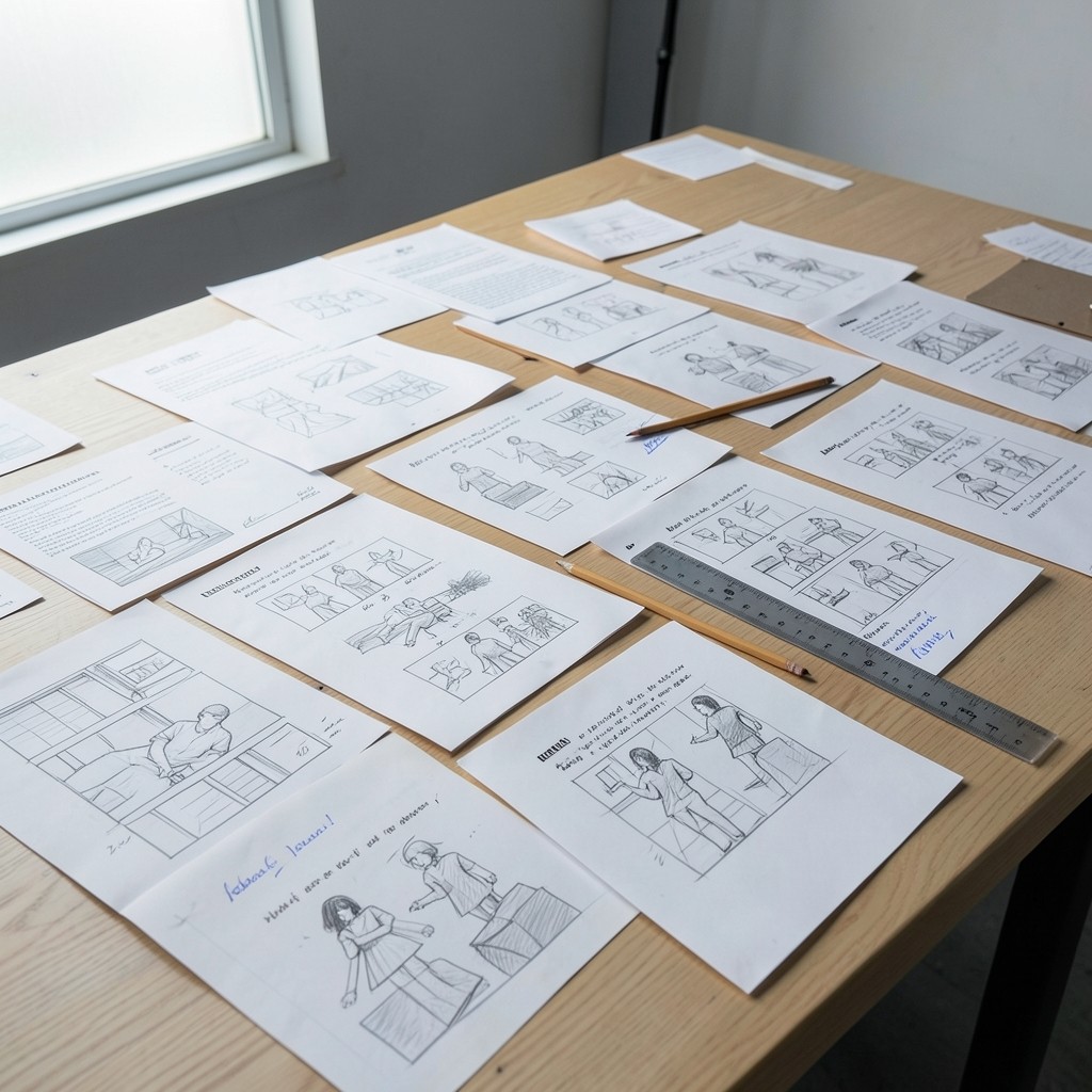 Ausgelegte Textentwürfe und Storyboard-Skizzen auf einem großen Arbeitstisch