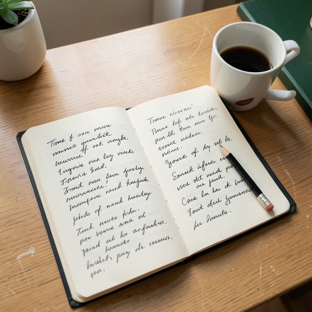 Notizbuch mit handschriftlichen Formulierungsproben neben Kaffee und Bleistift