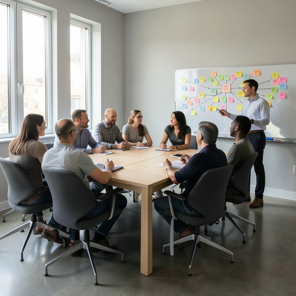 Moderierte Workshop-Situation mit Haftnotizen an einer Wand und Teilnehmenden am Tisch